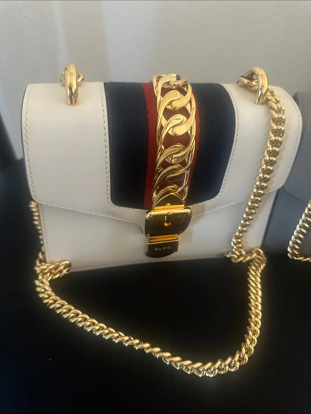 Gucci White and red blue Leather Chain Crossbody with Gold Hardware